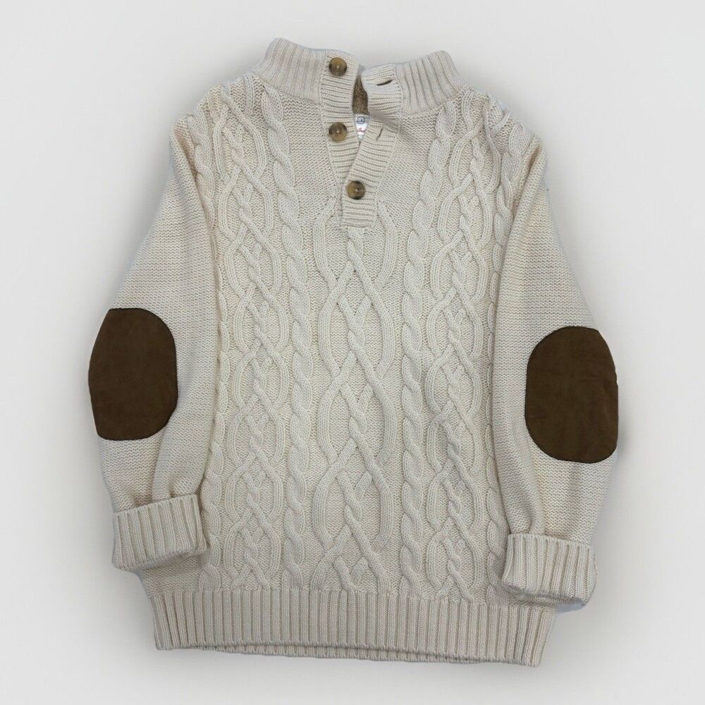 Hanna Andersson Sweater Boys Size 8 Cream Cable Knit Elbow Patches Fisherman